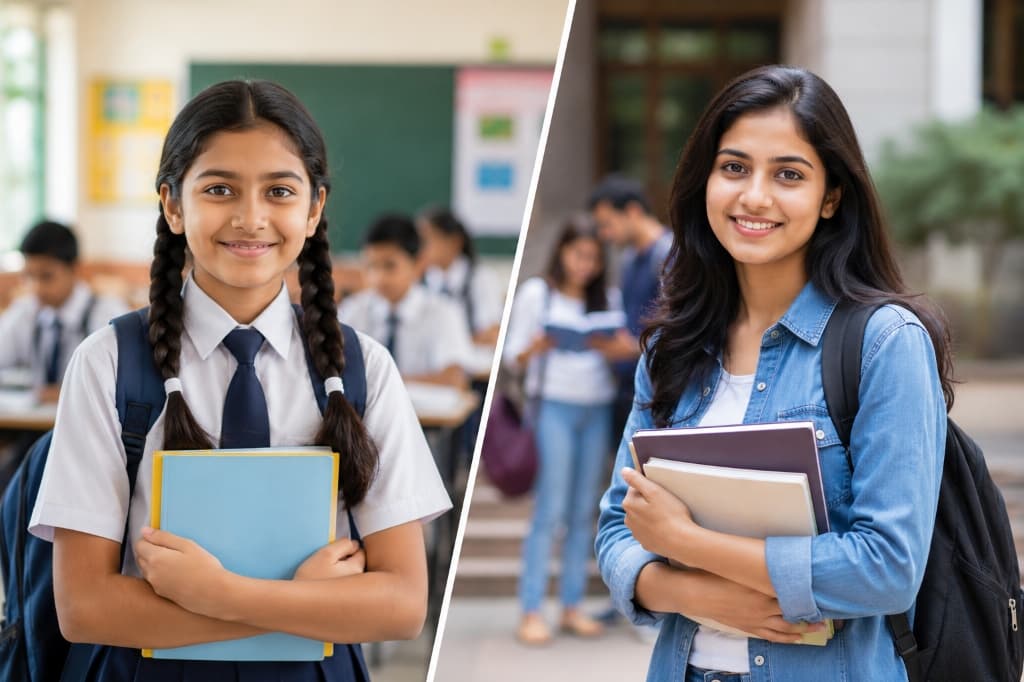 Split screen pic of school and college student