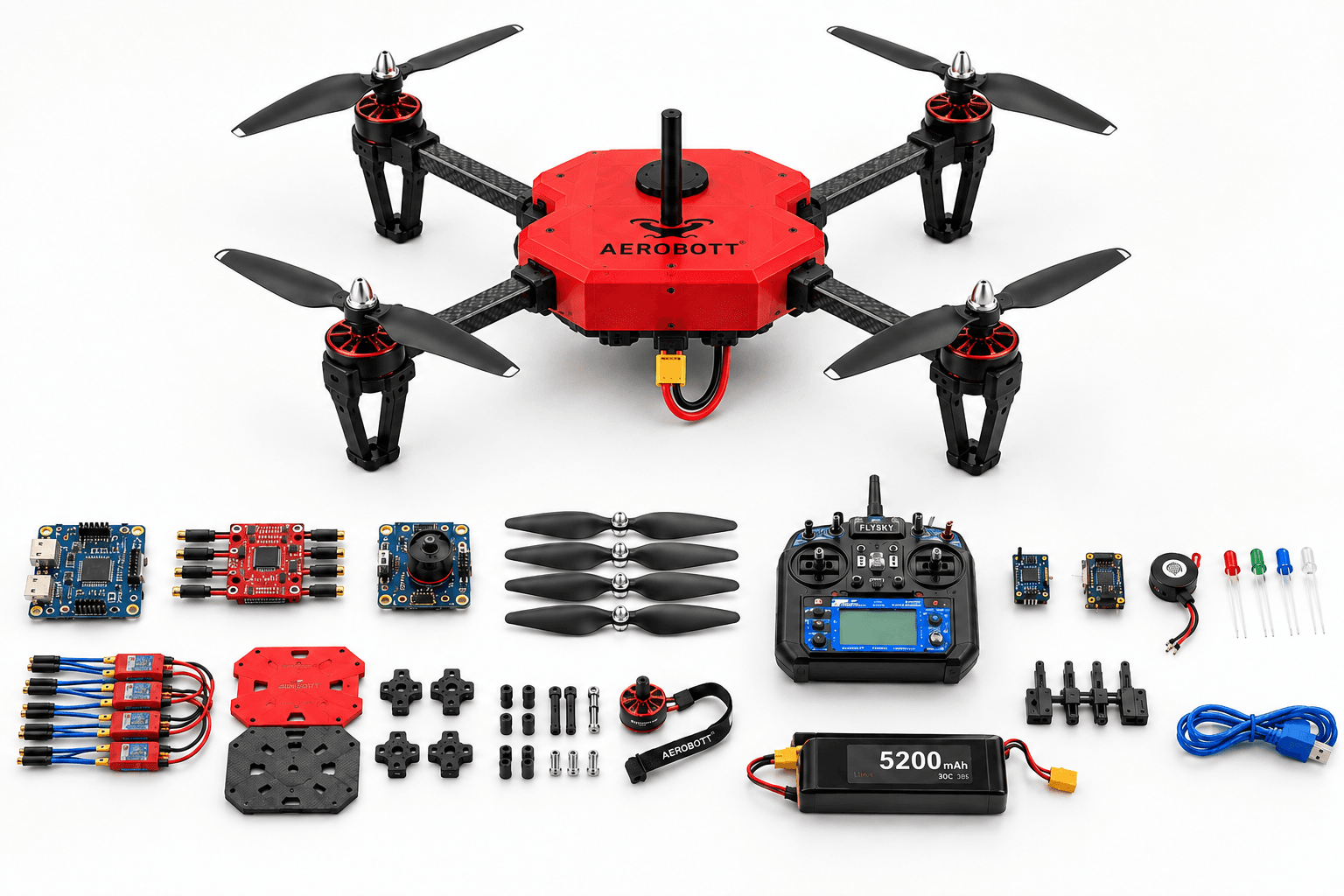 All components included in the DIY Drone Kit laid out next to the assembled drone