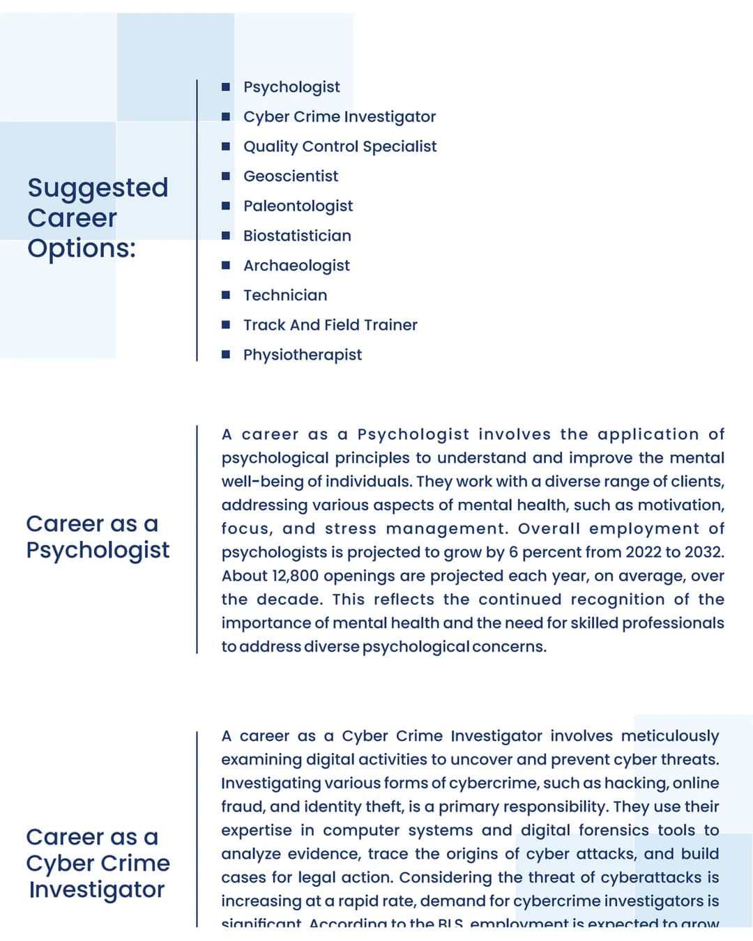Career Opportunities Mapped to the Student’s Abilities