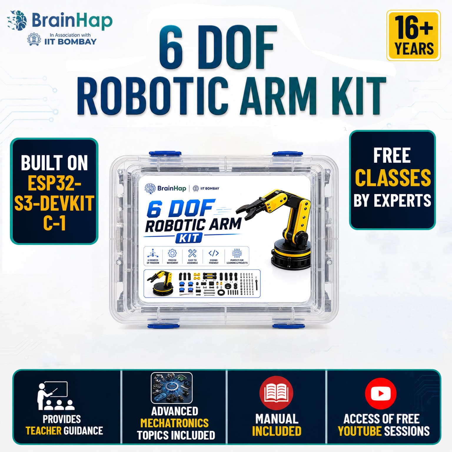 Brainhap 6 DOF Robotic Arm Kit | ESP32-S3 | DIY STEM Robot Arm